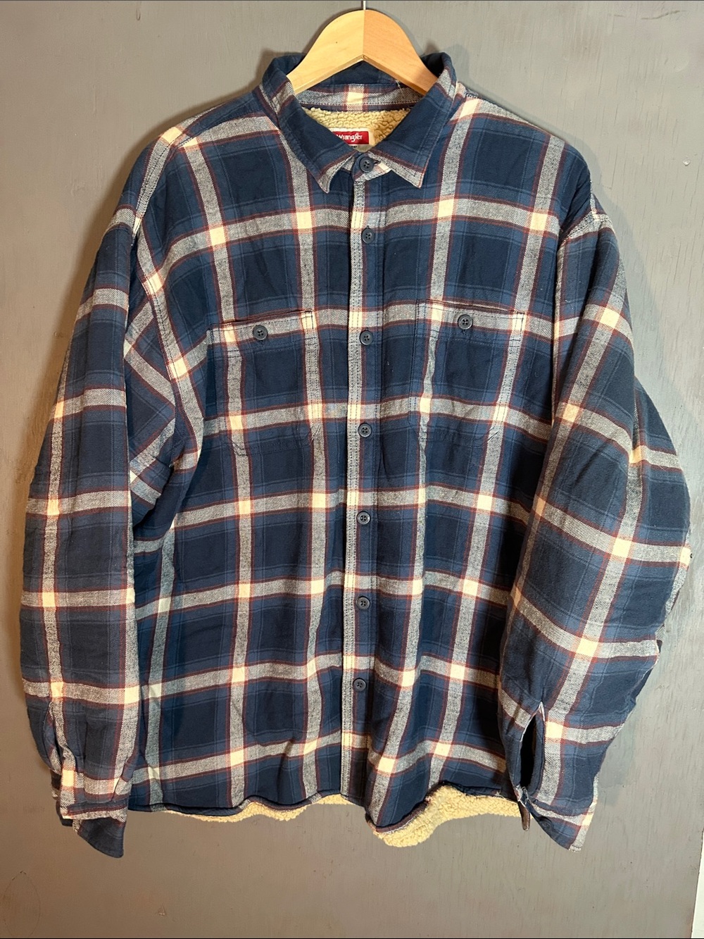 Wrangler Navy, Cream & Brown Plaid Sherpa-Lined Shirt Jacket